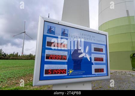 Bürgerwindpark Westernfeld-Buchgarten, près de Lichtenau, 11 éoliennes, affichage de la performance énergétique, organisé et financé en coopération, profits flo Banque D'Images