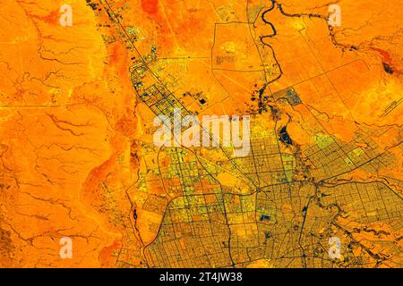 Ville de Riyad vue de l'espace, Arabie Saoudite. Amélioration numérique d'une image par la NASA. Banque D'Images