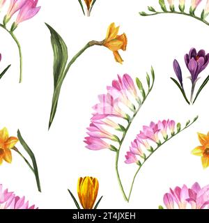 Modèle sans couture de fleurs de printemps dessinées à la main à l'aquarelle. Éléments floraux sur fond blanc pour créer des cartes postales, des motifs et des emballages. Banque D'Images