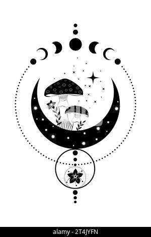 Champignons bohème mystiques célestes, Amanita muscaria magique avec lune et étoiles, symbole de sorcellerie, tatouage de logo ésotérique sorcier, phase de lune, floral Illustration de Vecteur