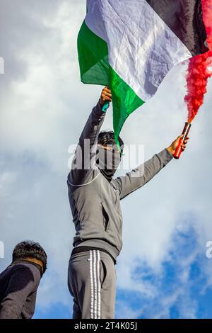 Un manifestant brandit le drapeau de la Palestine lors de la manifestation pro-palestinienne à Trafalgar Square Banque D'Images