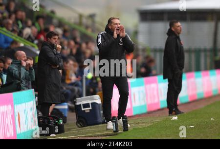 Scott Lindsey, Manager de Crawley, lors du match de la Ligue 2 de l'EFL entre Forest Green Rovers et Crawley Town au New Lawn Stadium. 28 octobre 2023 Banque D'Images