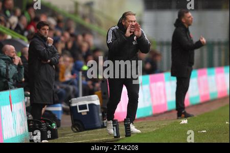 Scott Lindsey, Manager de Crawley, lors du match de la Ligue 2 de l'EFL entre Forest Green Rovers et Crawley Town au New Lawn Stadium. 28 octobre 2023 Banque D'Images