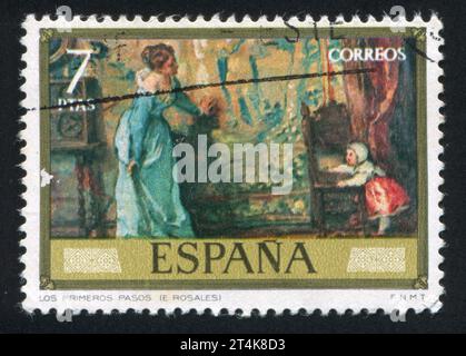 ESPAGNE - CIRCA 1974 : timbre imprimé par l'Espagne, montre les premiers pas (Eduardo Rosales), circa 1974 Banque D'Images