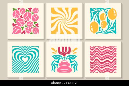 Affiches abstraites groovy avec des fruits de citron, des fleurs, des vagues, des tourbillons et des tourbillons dans le style minimal matisse. Design trippy rétro tendance de fonds floraux. Bannières avec des fleurs, des plantes ou des imprimés Illustration de Vecteur