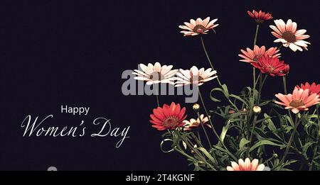 Carte Happy Womens Day avec marguerite marguerites isolées sur fond noir Banque D'Images