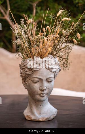 Sculpture de tête classique remplie de belles fleurs séchées dans le style classique grec, utilisée comme centre de table dans un restaurant grec. Banque D'Images