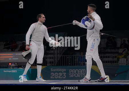 Santiago, Chili. 31 octobre 2023. Guilherme Toldo de l'équipe brésilienne d'escrime (Foil) en demi-finale des Jeux panaméricains Santiago 2023. À l'Estadio Nacional Julio Martínez Prádanos à Santiago. Chili. Crédit : Reinaldo Reginato/FotoArena/Alamy Live News Banque D'Images