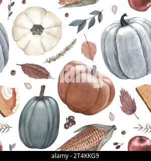 Citrouilles à motif aquarelle, tarte à la citrouille, feuilles d'automne, pomme et objets du jour de Thanksgiving. Illustration dessinée à la main isolée sur fond blanc Banque D'Images