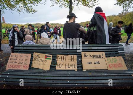 La Haye, pays-Bas. 29 octobre 2023. Pancartes vues eft sur un banc de parc lors du rassemblement de la «manifestation nationale pour la Palestine» à la Haye. Les manifestants ont marché pacifiquement à travers la Haye cet après-midi et se sont rassemblés sur le Malieveld puis ont marché à travers la ville dans une longue procession qui a traversé le Hofvijver, plein 1813 et ensuite passé devant le Palais de la liberté lors de la manifestation nationale pour la Palestine. Crédit : SOPA Images Limited/Alamy Live News Banque D'Images