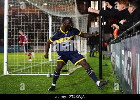 Emmanuel Latte Lath de Middlesbrough célèbre avoir marqué le troisième but de leur équipe lors du match de quatrième tour de la coupe Carabao à St James Park, Exeter. Date de la photo : mardi 31 octobre 2023. Banque D'Images