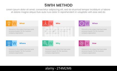 5W1H méthode de résolution de problèmes infographie modèle de phase 6 points avec combinaison de rectangle de table de boîte pour vecteur de présentation de diapositive Banque D'Images