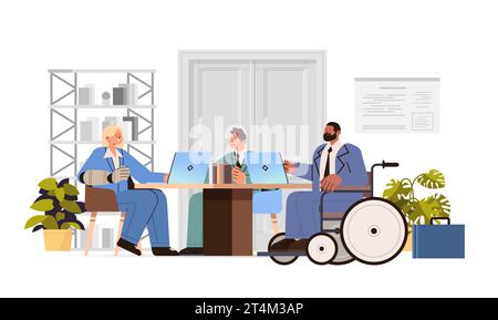 homme d'affaires handicapé en fauteuil roulant discutant avec des collègues dans le bureau handicap emploi personnes handicapées concept Illustration de Vecteur