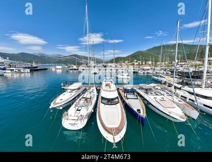 Tivat, Monténégro, port. Beaucoup de yachts de luxe à Porto Montenegro, prestigieux village commercial et port de plaisance Banque D'Images