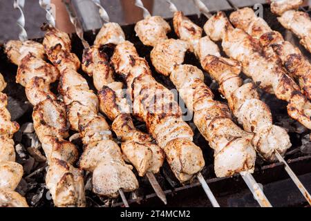 Kebab turc traditionnel cuit à l'extérieur sur des brochettes au-dessus du gril chaud avec feu brûlant Banque D'Images