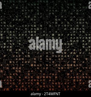 Fond de matrice abstrait. Caractères aléatoires de l'alphabet chinois simplifié. Motif matriciel à gradient. Fond de thème de couleur d'automne. Illustration de Vecteur