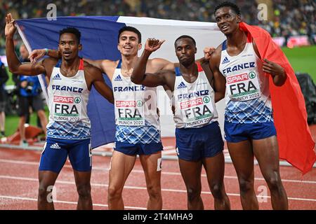 Gilles Biron, Loic Prevot, Teo Andant, Thomas Jordier (France). 4x400 Relay Bronze Medal. Championnats d'Europe Munich 2022 Banque D'Images