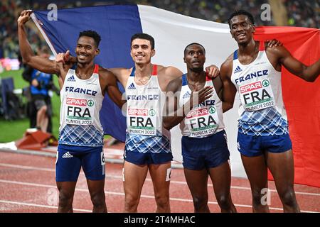 Gilles Biron, Loic Prevot, Teo Andant, Thomas Jordier (France). 4x400 Relay Bronze Medal. Championnats d'Europe Munich 2022 Banque D'Images