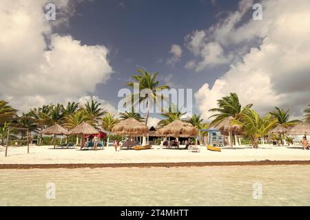 Costa Maya, Mexique - 01 février 2016 : plage d'été avec des palmiers pendant les vacances d'été. Banque D'Images