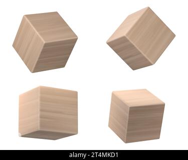 Ensemble de cubes en bois 3D isolé sur fond blanc. Illustration réaliste vectorielle de blocs cubiques en bois naturel avec texture de chêne, maquette de jouet pour enfant pour l'éducation, brique de construction, vue de côté Illustration de Vecteur