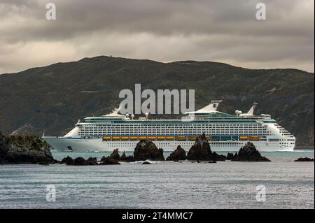 Le navire de croisière Explorer of the Seas entre dans le port de Wellington, en Nouvelle-Zélande, à l'aube Banque D'Images