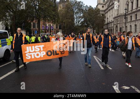 Londres, Royaume-Uni. 30 octobre 2023. Des militants du groupe Just Stop Oil manifestent en bloquant les routes devant le Parlement à Londres. Des militants du groupe Just Stop Oil ont organisé une marche avant d'être rapidement arrêtés devant Parliament Square à Londres. (Photo Tejas Sandhu/SOPA Images/Sipa USA) crédit : SIPA USA/Alamy Live News Banque D'Images