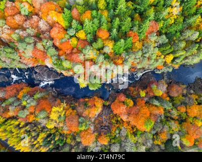 Vue aérienne de la rivière Moriston entourée de bois à l'aspect spectaculaire aux couleurs de l'automne à Invermoriston, Écosse, Royaume-Uni Banque D'Images