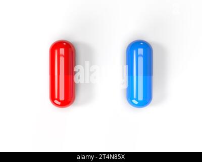 Pilule rouge et bleue. Concept de choix. Une métaphore de deux alternatives différentes. Illustration 3D. Banque D'Images