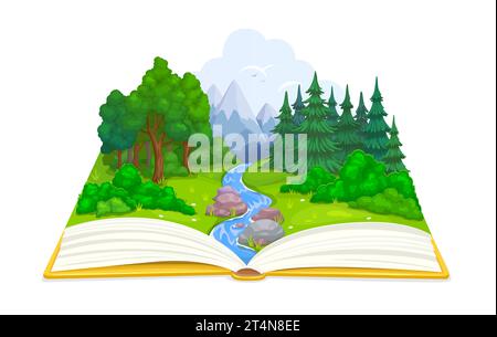 Livre ouvert avec forêt et rivière, prairie et montagnes bleues. Paysage de nature vectorielle d'arbres verts de bande dessinée, des plantes et de l'herbe, des ruisseaux d'eau et des rochers sur des pages de livre d'histoire d'aventure, des thèmes de lecture Illustration de Vecteur