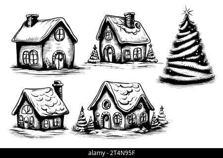 Dessinez à la main des croquis mignons maison et arbres de Noël en hiver la veille de Noël et la veille du nouvel an Illustration de Vecteur