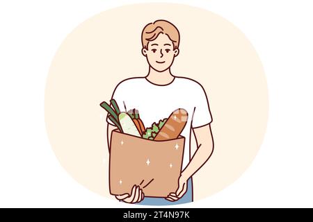 Portrait d'un jeune homme souriant avec sac d'épicerie. Un gars heureux tenant le paquet avec des marchandises et des produits. Shopping et nutrition. Illustration vectorielle. Illustration de Vecteur