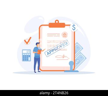 Processus hypothécaire, les gens achetant une propriété avec hypothèque, obtenir l'approbation de la banque, signer le contrat et les documents juridiques et recevoir les clés de la maison. vec plat Illustration de Vecteur