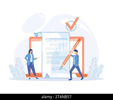 Processus hypothécaire, les gens achetant une propriété avec hypothèque, obtenir l'approbation de la banque, signer le contrat et les documents juridiques et recevoir les clés de la maison. vec plat Illustration de Vecteur