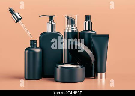 illustration 3d de l'ensemble de divers récipients cosmétiques en couleur noire isolé sur fond rose. Maquettes de pots cosmétiques, bouteilles, tubes, sprays et autres récipients Banque D'Images