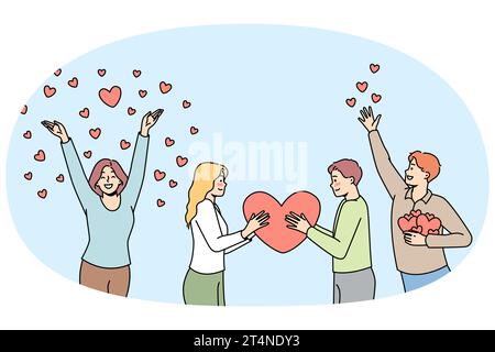 Les jeunes hommes, les femmes ont un grand cœur, donnent, répandent leurs sentiments profonds, attention, bonheur. Couple tombant amoureux, paire de chérins, fête de Saint Valentin. Ensemble romantique vector Outline. Illustration de Vecteur