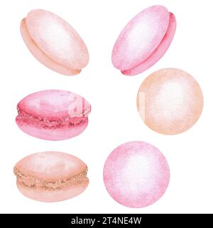 Illustration à l'aquarelle dessinée à la main. Un paquet de macarons rose sucre et corail Banque D'Images