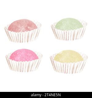 Illustration à l'aquarelle dessinée à la main. Dessert mochi sucré de couleurs rose, jaune et vert Banque D'Images