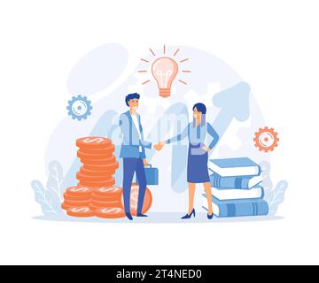 Concept de croissance d'entreprise, porteurs d'entreprise une équipe réussie, financement de projets créatifs. poignée de main d'affaires femme et homme, vecteur plat moderne illu Illustration de Vecteur