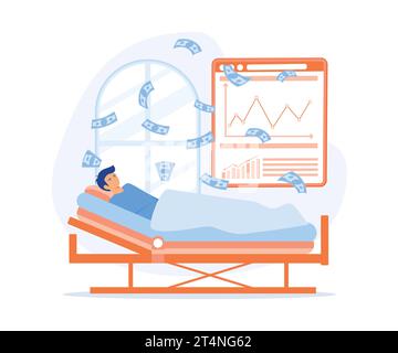 Revenu passif, homme gagnant de l'argent tout en dormant à la maison dans la chambre à coucher, revenu stable et finance, illustration moderne vectorielle plate Illustration de Vecteur