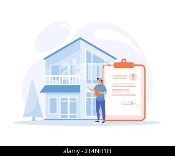 Processus hypothécaire, personnages achetant une propriété avec une hypothèque, recevoir l'approbation de la banque, signer des documents de contact et juridiques, vecteur plat moderne illustrat Illustration de Vecteur