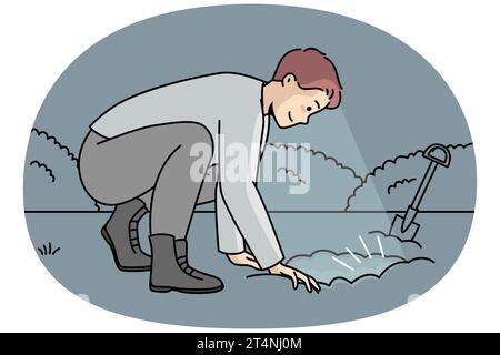 L'homme a creusé un trou dans le jardin pour trouver un Trésor enterré la nuit. Un homme chanceux avec une pelle a découvert trove. L'archéologue fait des fouilles de villes anciennes, des animaux fossiles. Illustration vectorielle linéaire colorée. Illustration de Vecteur