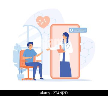 Consultation médicale en ligne, application mobile pour médecin en ligne. Homme utilisant l'application mobile pour s'inscrire thérapeute de rendez-vous. Services de santé avec int Illustration de Vecteur