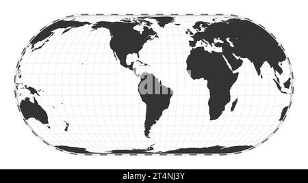 Carte du monde vectorielle. Projection Eckert IV. Carte géographique du monde simple avec des lignes de latitude et de longitude. Centré sur une longitude de 60 deg E. Vector illustra Illustration de Vecteur