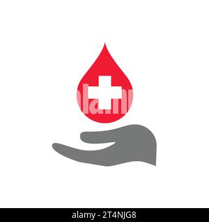 Icône du vecteur de don de sang. Laissez tomber et la main, donnez le symbole de sang. Illustration de Vecteur