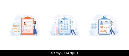 Antécédents médicaux et papier de dossier de santé pour le médecin de l'hôpital, tablette avec photo du patient, cardiogramme et indicateurs de santé pour la surveillance, l'histoire ou Illustration de Vecteur