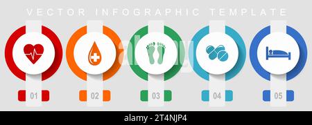 Ensemble d'icônes de conception plate d'hôpital, icônes diverses telles que le pouls cardiaque, le don de sang, l'empreinte, les médicaments et le lit, modèle d'infographie vectorielle, web but Illustration de Vecteur