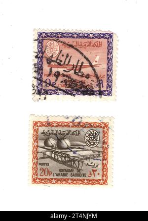 Timbres-poste vintage d'Arabie Saoudite isolés sur fond blanc. Banque D'Images