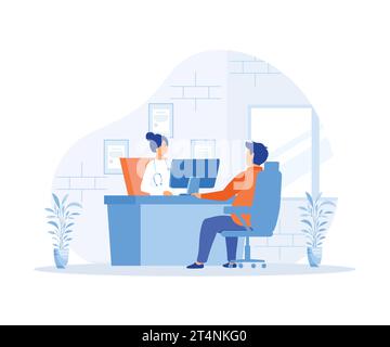 Homme parlant avec femme Docteur dans le bureau. Patient ayant consultation sur les symptômes de la maladie avec le médecin thérapeute à l'hôpital, vecteur plat moderne illu Illustration de Vecteur
