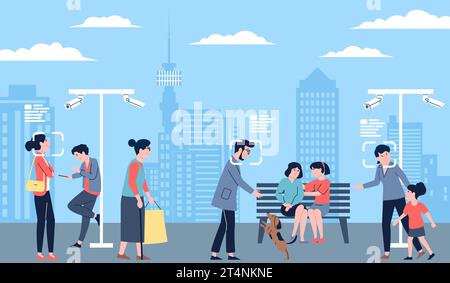 Reconnaissance des gens dans la foule. Personne d'identification sur le visage dans la rue de la ville. Auto-authentification biométrique dans les lieux publics, espace non personnel récent Illustration de Vecteur