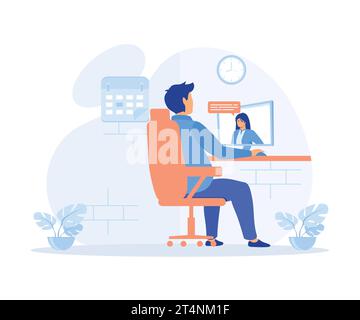 Entretien en ligne. homme parlant à une jeune femme sur un appel vidéo sur son ordinateur, illustration moderne vectorielle plate Illustration de Vecteur